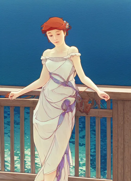 Image similar to pretty young woman leaning against the railing at the beach, path traced, highly detailed, high quality, digital painting, by studio ghibli and alphonse mucha, leesha hannigan, makoto shinkai, disney