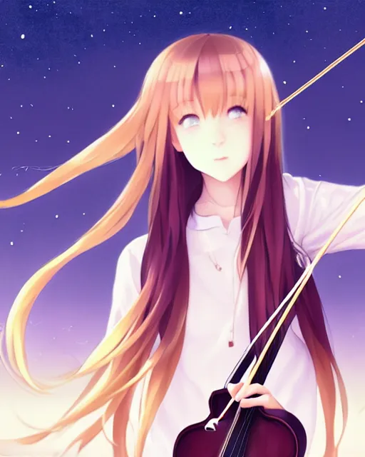 Image similar to teen, cute, melancholy, full body, cat girl, white skin, golden long wavy hair, holding a violin and playing a song, stunning art style, filters applied, lunar time, night sky, trending art, sharp focus, centered, landscape shot, fate zero, simple background, studio ghibly makoto shinkai yuji yamaguchi, by wlop