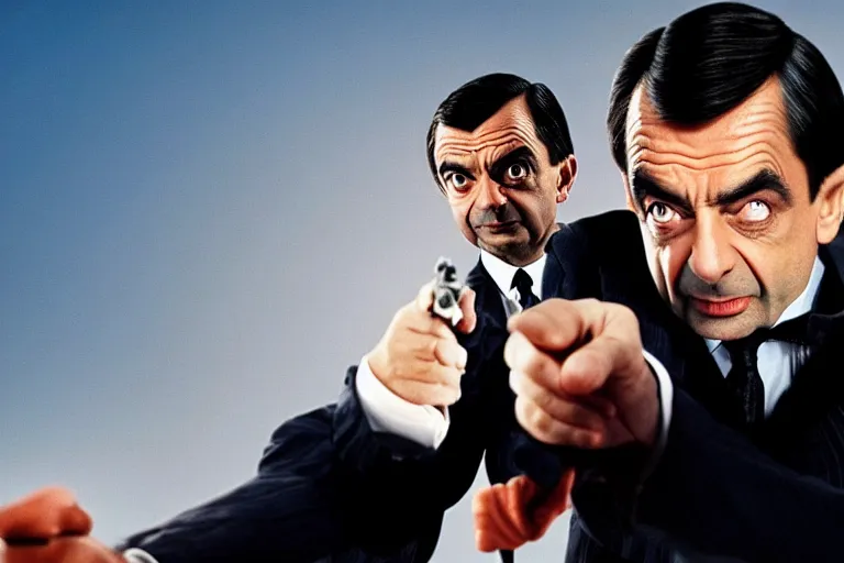 Image similar to mr bean from 1 9 9 0 s as james bond in an action scene fighting a villain, professional photography, 8 k, cinematic