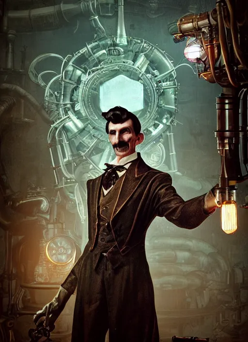 Image similar to steampunk portrait of nikola tesla as a mad scientist working on a giant robot from bioshock, au naturel, hyper detailed, digital art, trending in artstation, cinematic lighting, studio quality, smooth render, unreal engine 5 rendered, octane rendered, art style by klimt and nixeu and ian sprigger and wlop and krenz cushart