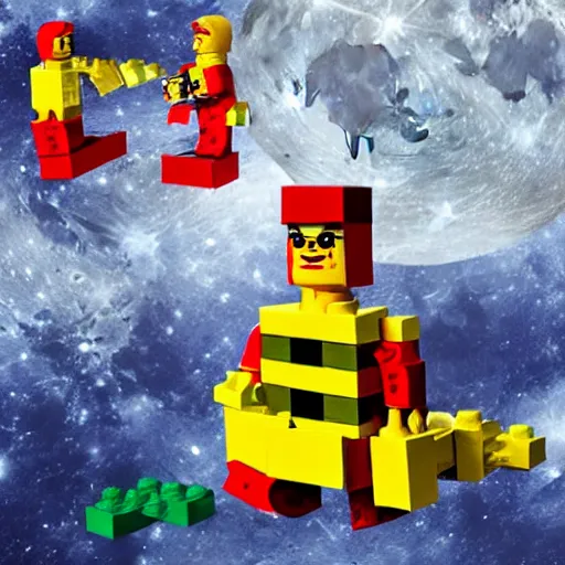 Image similar to squared head rooster building a man made of legos on the moon