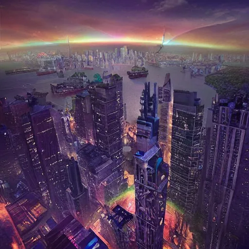 Prompt: “ a giant fairy creates a rainbow over new york city at night, unreal engine, hyper realistic, award winning, detailed lighting, lush tropical plants surrounding tall skyscrapers, art style by carlos ochagavia, science fiction. ”