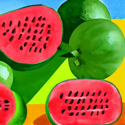 Image similar to retro, hd illustration of watermelons, big yellow lemons, mint leaves, ice cubes, inspired by watercolor masterpieces, matisse, malevich, david hockney, colorful, happy, trending on artstation, 4 k