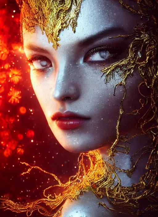 Image similar to glowing silver and golden elements, full close-up portrait, dark witch from shutterstock, book cover, green forest, white moon, red lips, establishing shot, extremly high detail, photo-realistic, cinematic lighting, pen and ink, intricate line drawings, by Yoshitaka Amano, Ruan Jia, Kentaro Miura, Artgerm, post processed, concept art, artstation, matte painting, style by eddie, raphael lacoste, alex ross