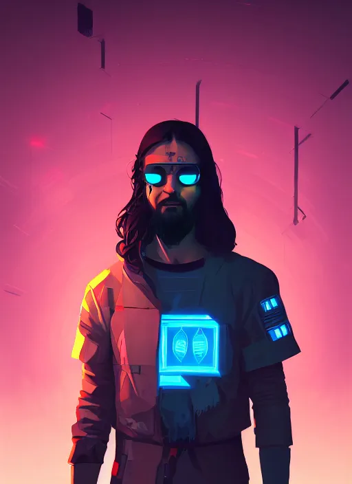 Image similar to « a portrait of a cyberpunk jesus, a character portrait by paul kelpe, reddit contest winner, sots art, ilya kuvshinov, 2 d game art, parallax »