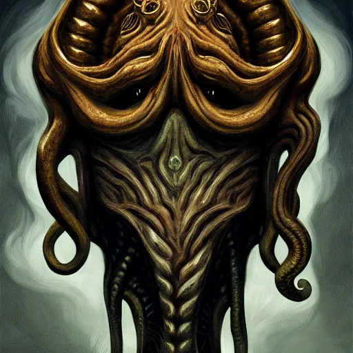 Prompt: intense portrait cthulhu, intricate, elegant, highly detailed, my rendition, digital painting, artstation, concept art, smooth, sharp focus, illustration, art by leonora carrington