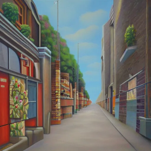 Prompt: happy lane central, oil and acrylic on canvas, surrealism, high detail