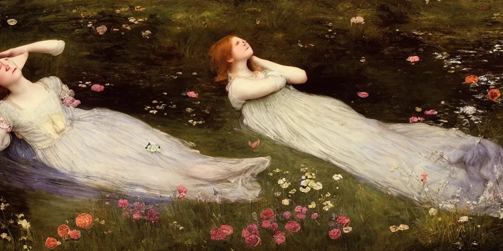 Prompt: a beautiful ophelia floating in the river, full of high green grass and fine flowers, with closed eyes, wearing a nicely crafted antique dress, by sir john everett millais, photorealistic, hyperdetailed, ethereal, view from above, masterpiece, oil painting