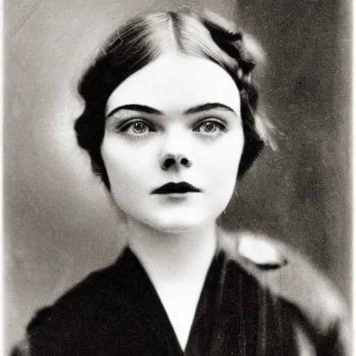 Image similar to headshot edwardian photograph of middle - aged elle fanning, 1 9 2 0 s film actress, realistic face, 1 9 3 0 s, grainy, victorian, detailed, slightly blurry