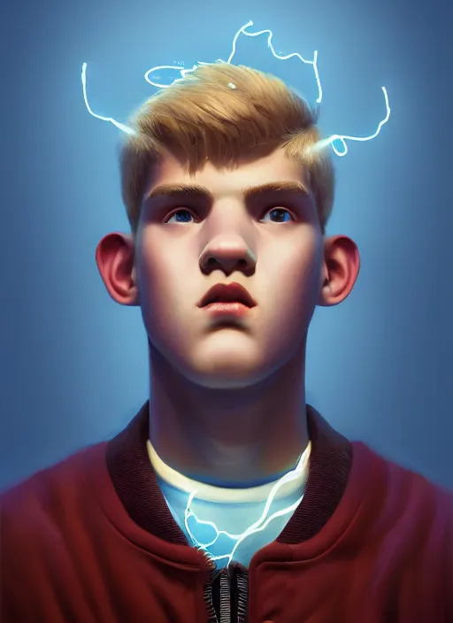 Image similar to portrait of high school senior boy named big moose, blonde short hair, jock, beefy, wide face, square jaw, square facial structure, blue varsity jacket with his name, intricate, elegant, glowing lights, highly detailed, digital painting, artstation, concept art, sharp focus, illustration, art by wlop, mars ravelo and greg rutkowski