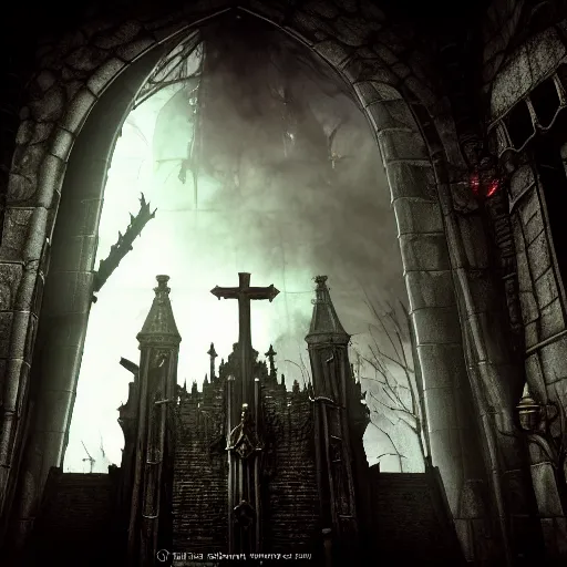 Image similar to perspective view of hell preist demonic church of evil, 35mm photography, dark, fantasy, dramatic lighting, cinematic, epic composition in the style of Castlevania, Dark Souls, Bloodborne, the Witcher 3 Andreas Rocha, final fantasy, no blur