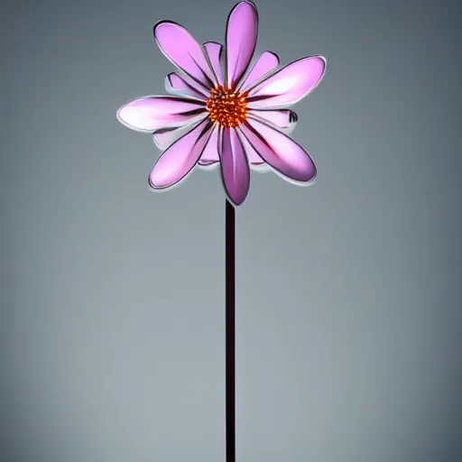 Image similar to a flower made of metal, 8 k, photorealistic, photograph, award winning, gloden hour, volumetric light