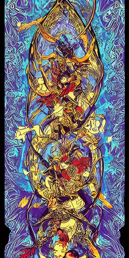 Image similar to a ninja from final fantasy 14, intricate, amazing line work, cosmic, psychedelic, cheerful, colorful, tarot cards, the devil tarot card