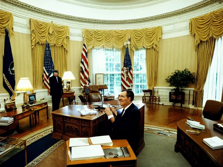 Image similar to photo of richard nixon t posing in the oval office, kodachrome, wide angle