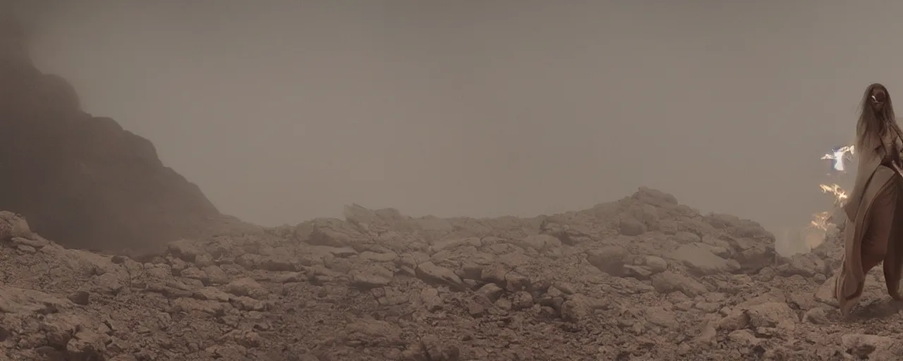 Image similar to The full body shot of beautiful pale woman with white flowers and full-face golden mask in a rocky desert landscape, a giant mirror and smoke around her, volumetric lighting, fire, multiple eyes and dry earth by Denis Villeneuve, Lubezki, Gaspar Noe and Christopher Doyle, anamorphic lens, anamorphic lens flares, kodakchrome, cinematic composition, practical effects, award winning photo, 8k