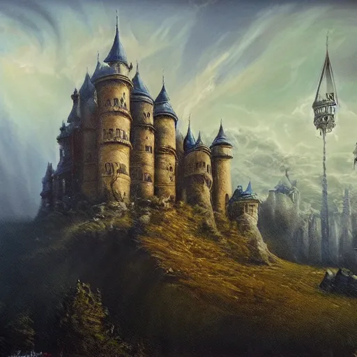 Image similar to a haunting castle in the style of zdzlaw bekinski, james gurney and ivan shishkin (oil on canvas), matte painting.