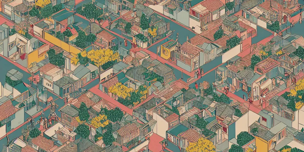 Image similar to isometric view illustration of a rural japanese street corner, by Victo Ngai