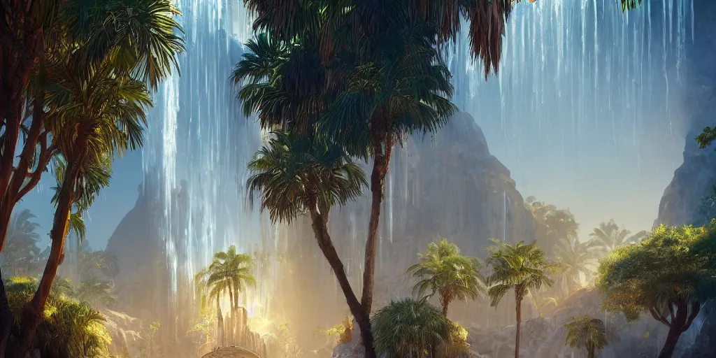 Prompt: beautiful oasis waterfalls surrounded by palm trees moroccan tile archways, date trees, ivory towers sunset peter morbacher ross tran angelarium greg rutkowski alchemy luxury heavenly light soft illumination, trending on artstation cinematic lighting digital painting octane render, artgerm