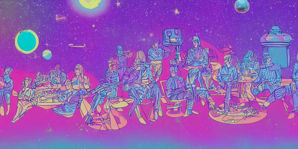 Prompt: twelve astronauts sitting by the river with a big holiday cake + psychedelic vegetation + purple, pink, blue + planets and stars + mystical fog, vintage sci - fi style of the 5 0 s, rule of the third!!!!, line graphics, 8 k, super detail, high quality