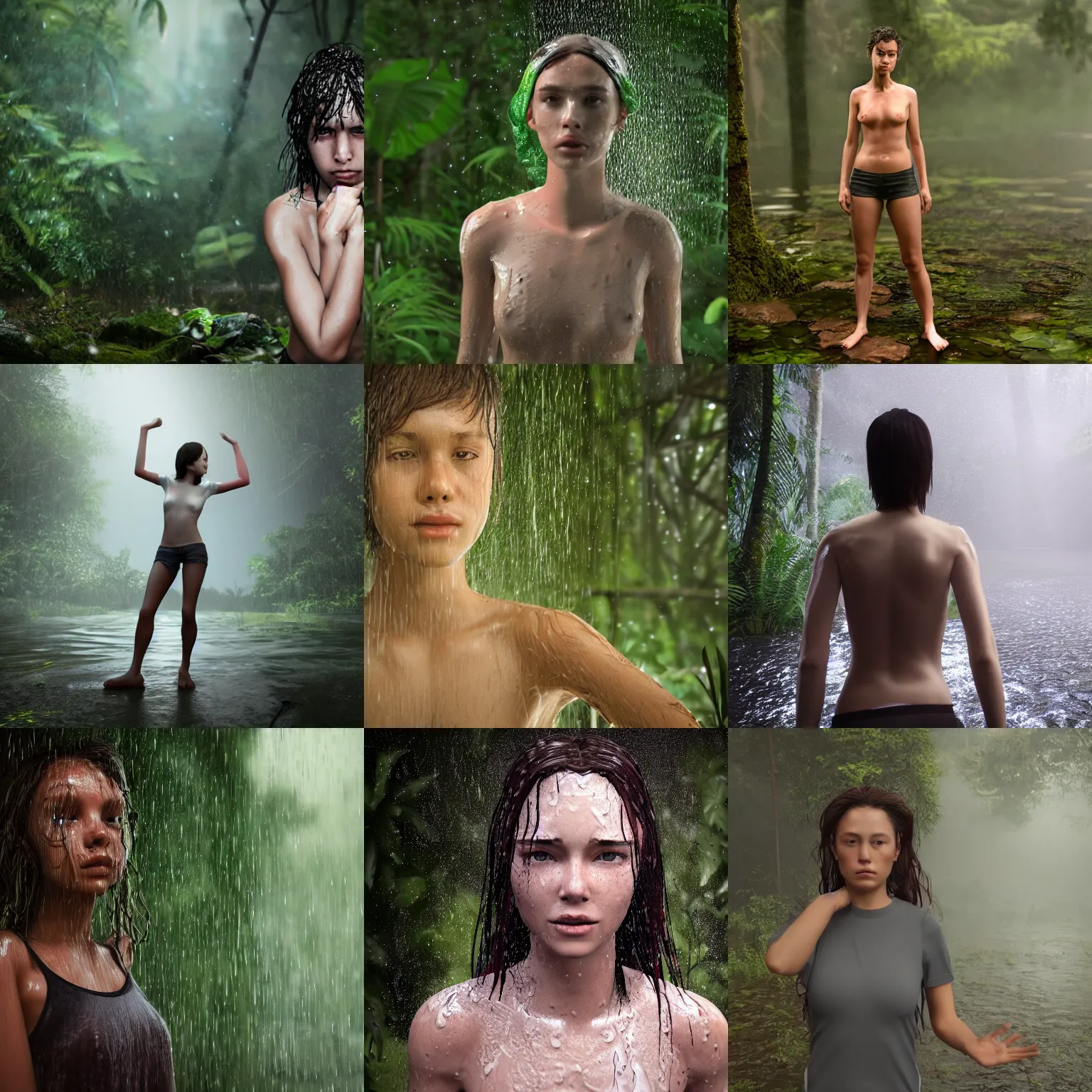 Prompt: wet frightened girl looks toward camera fearfully with arms over hear head in jungle rainstorm, soaking white!!!! tshirt tied in knot, torn!!! clothing, short dark hair, abs, late evening, bright camera flash, hyperrealistic, unreal engine 5, detailed render, atmospheric haze, dark natural glow, mid distance