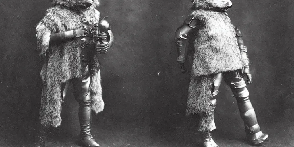 Image similar to anthropomorphic furry wolf in suit of armor, 1900s photograph