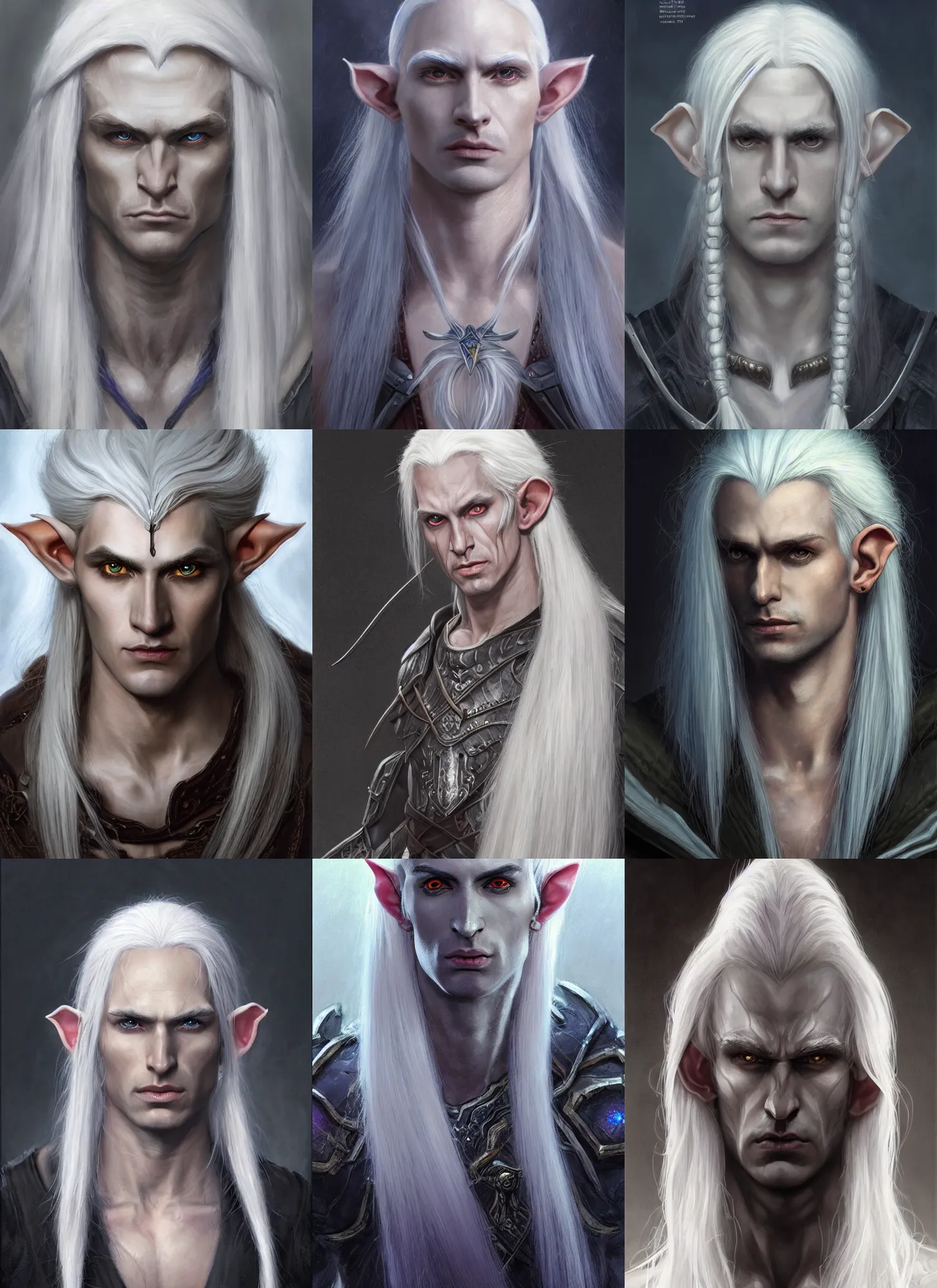 Prompt: a portrait of a male drow elf with long white hair, pale gray skin, hair tied back, buzzed hair on temple, young adult, defined cheek bones, serious, noble, style by donato giancola, wayne reynolds, jeff easley dramatic light, high detail, cinematic lighting, artstation, dungeons and dragons