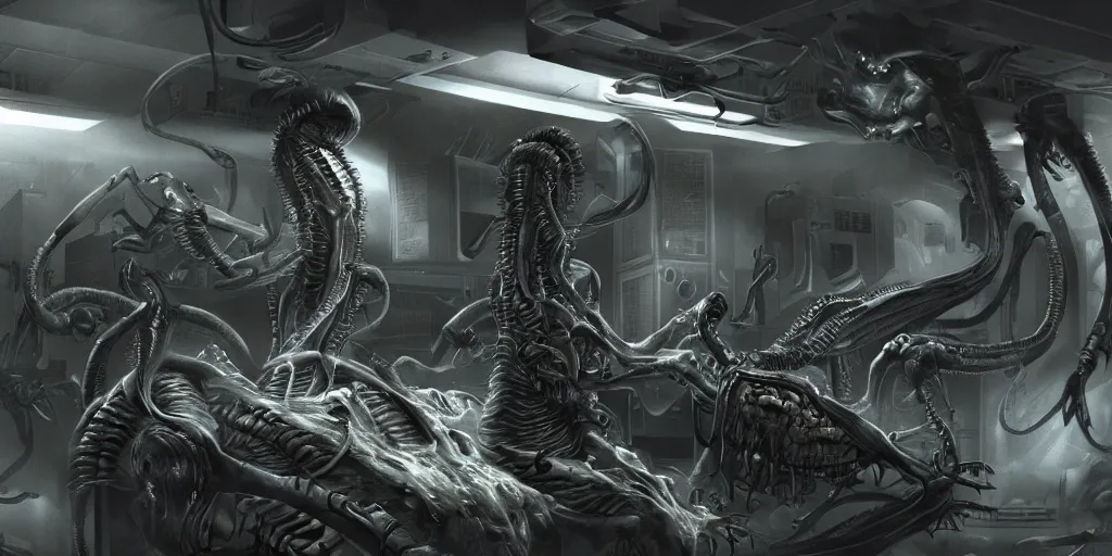Image similar to Biolevel 4 Xenomorph experiment gone wrong in Weyland Yutani bio labs, by Chris Tulloch McCabe, realistic, detailed, trending on artstation, wallpaper, wide angle, 16mm
