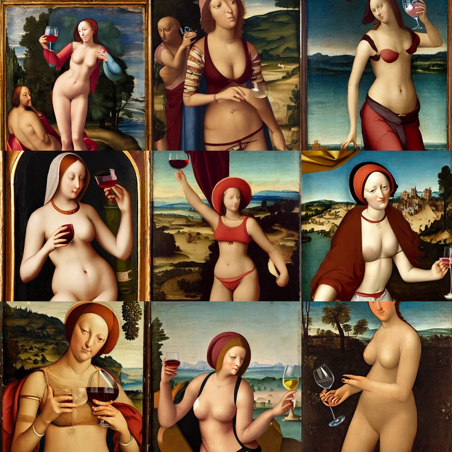 Prompt: woman in a bikini holding a wine glass, renaissance painting