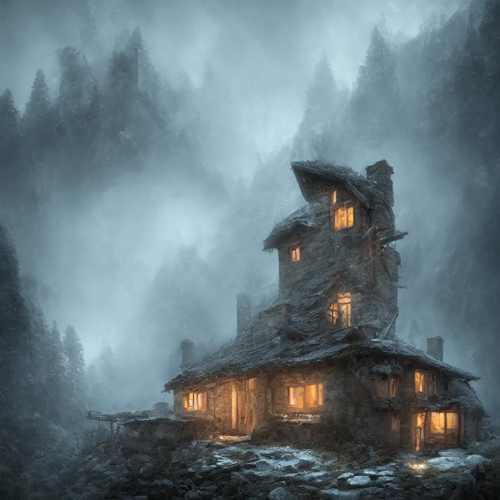 Prompt: A decrepit unlit cottage on a mountaintop at night, lit by a single torch, by Bastien LeCouffe-Deharme, hyperrealistic, V-Ray 8k UHD