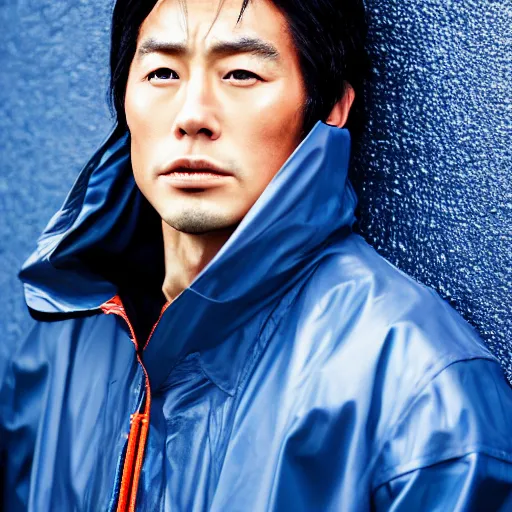 Image similar to a close up photographic portrait of a handsome japanese actor wearing wet weather gear looking worried taken by annie leibowitz. cinematic lighting, blue background colour, 5 0 mm, subsurface scatter, sci fi.