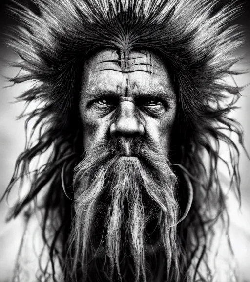 Prompt: Award winning Editorial photograph of Early-medieval Scandinavian Folk walrus with incredible hair and fierce hyper-detailed eyes by Lee Jeffries, 85mm ND 4, perfect lighting, wearing traditional garb, With huge sharp jagged Tusks and sharp horns, gelatin silver process