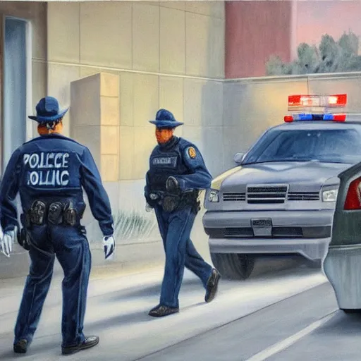 Image similar to hyperrealism painting of a police search of a suspicious person