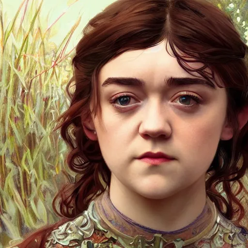 Image similar to maisie williams as beautiful natural coy cottagecore goddess maiden, master life drawing, intricate, elegant, highly detailed, digital painting, artstation, concept art, smooth, sharp focus, illustration, art alphonse mucha and james gurney and marc simonetti and wlop