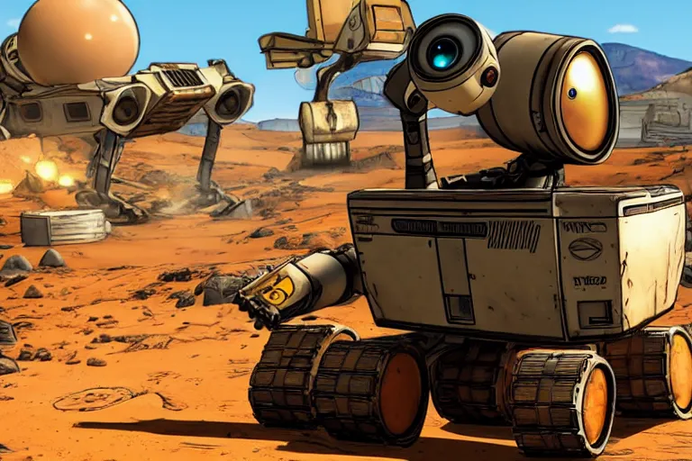 Prompt: wall - e in borderlands style game, heavy detailed, ultra high definition quality, borderlands game engine graphics