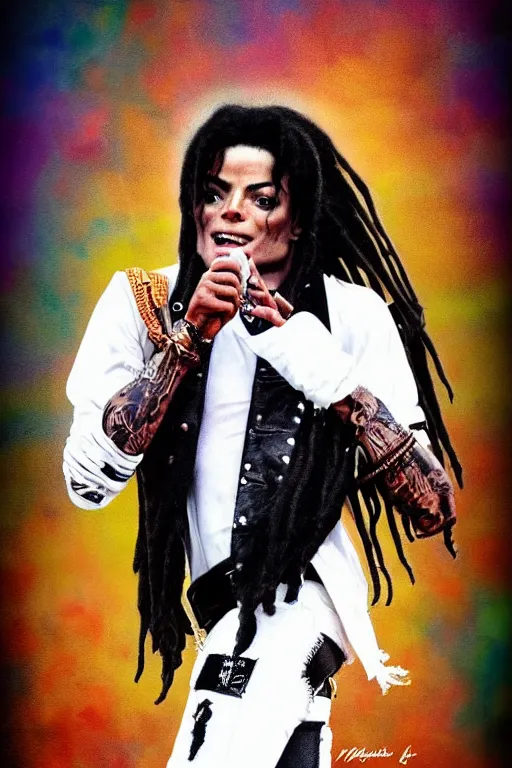 Prompt: michael jackson poster as a black rapper 1 9 7 0 s, dreadlocks, tattoos, dancing, poster tour, art work, ripped, 6 pack, rapping, grime, michael jackson, uhd, sharp, detailed, cinematic 4 k