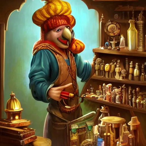 Image similar to Anthropomorphized parrot trader in his shop, shelves full, shining warm lamp, shelves full, selling a gem, portrait, items, magic potions, carpet, window, fancy funny hat, sly expression , cunning expression, cute expression, presenting magic gem, D&D, fantasy, cinematic lighting, highly detailed, digital painting, artstation, concept art, smooth, sharp focus, illustration, warm light, cozy warm tint, magic the gathering artwork, volumetric lighting, 8k, no gold, no gold colours, art by Akihiko Yoshida, Greg Rutkowski