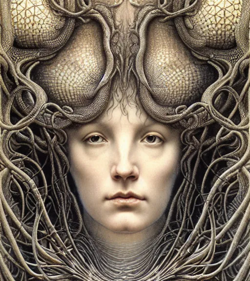 Image similar to detailed realistic beautiful hydra goddess face portrait by jean delville, gustave dore, iris van herpen and marco mazzoni, art forms of nature by ernst haeckel, art nouveau, symbolist, visionary, gothic, neo - gothic, pre - raphaelite, fractal lace, intricate alien botanicals, ai biodiversity, surreality, hyperdetailed ultrasharp octane render