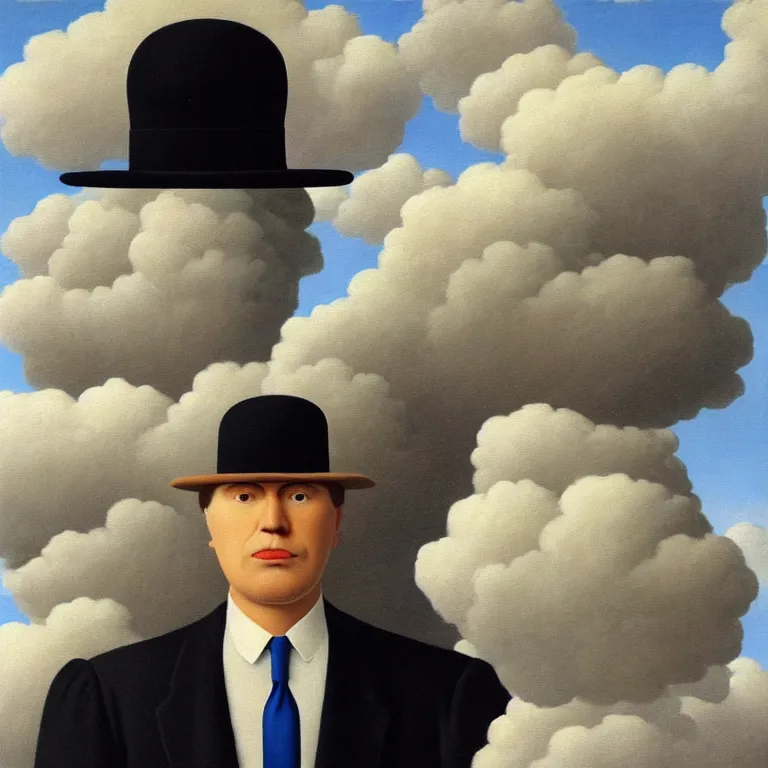 Image similar to portrait of a cloud man in a suit by rene magritte, detailed painting, hd, hq, high resolution, high detail, 4 k, 8 k