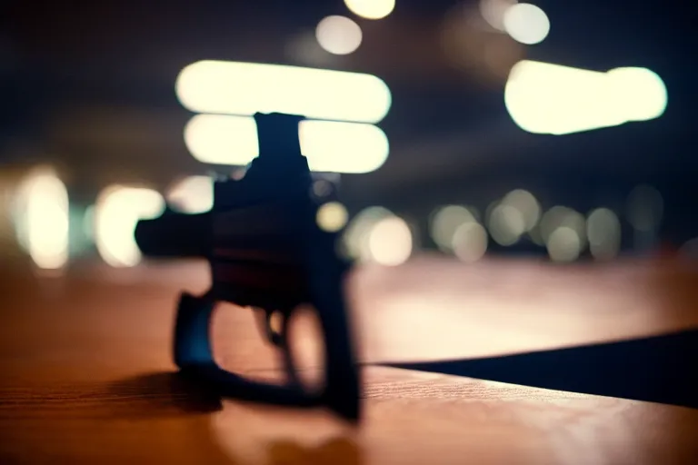 Image similar to film still of closeup pistol taped under table, cinematic, moody, gritty neon noir by emmanuel lubezki