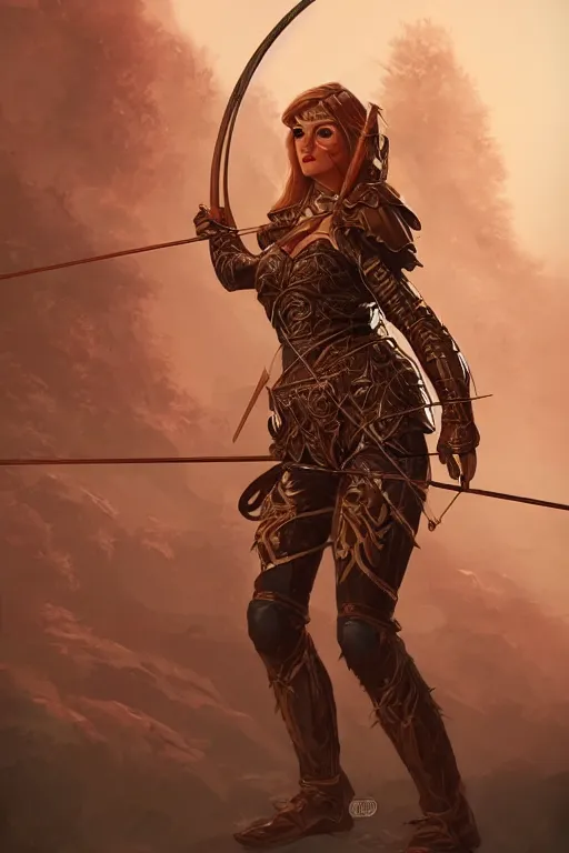 Prompt: Female forest archer, ornamental longbow, sexy retro-futuristic armor, beautiful detailed face, brown armor, DND, D&D, matte painting, retro futurism, artstation