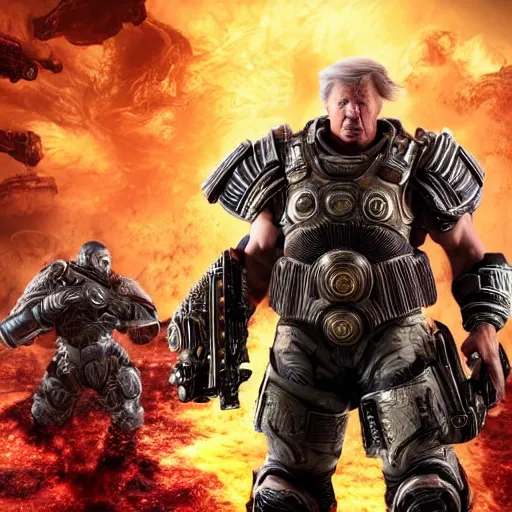 Prompt: Photo portrait of Donald Trump as God-Emperor in Gears of War, splash art, movie still, detailed face, photorealistic facial features, cinematic lighting, dramatic, octane render, long lens, shallow depth of field, bokeh, anamorphic lens flare, 8k, hyper detailed, 35mm film grain