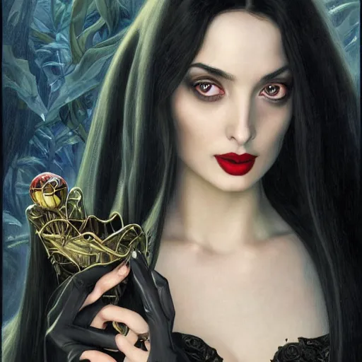 Prompt: ana de armas as morticia addams, masterpiece, intricate, elegant, highly detailed, digital painting, artstation, concept art, smooth, sharp focus, illustration, art by artgerm and greg rutkowski and alphonse mucha and uang guangjian and gil elvgren and sachin teng, symmetry!!