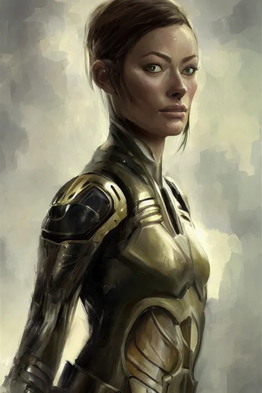 Image similar to a professional painting of a young Olivia Wilde, clothes in military armor, olive skin, long dark hair, beautiful bone structure, symmetrical facial features, intricate, elegant, digital painting, concept art, smooth, sharp focus, illustration, from StarCraft by Ruan Jia and Mandy Jurgens and Artgerm and William-Adolphe Bouguerea