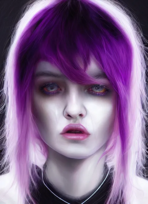 Image similar to hair whitebangs hair, black cyberlox, portrait of teenage girl with white bangs, whitebangsblackhair, messy bangs, cyberlox, whitebangs, red irises, purple clothes, intricate, elegant, glowing lights, highly detailed, digital painting, artstation, concept art, sharp focus, illustration, art by wlop, mars ravelo and greg rutkowski