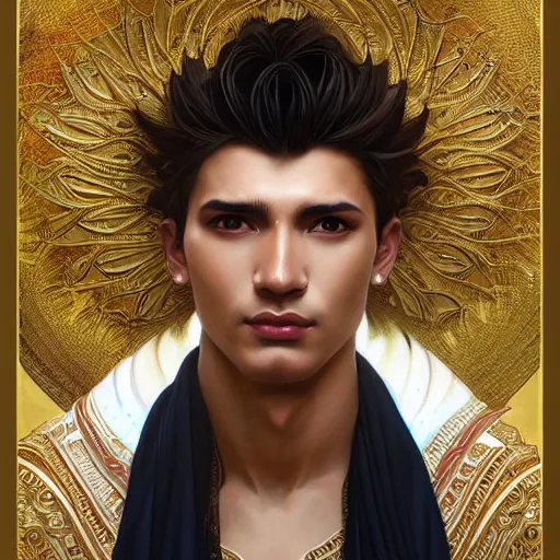 Image similar to Peruvian male god wearing a white perizoma, intricate, elegant, highly detailed, digital painting, artstation, concept art, smooth art, sharp focus, illustration, art by artgerm and greg rutkowski and alphonse mucha and loish and WLOP
