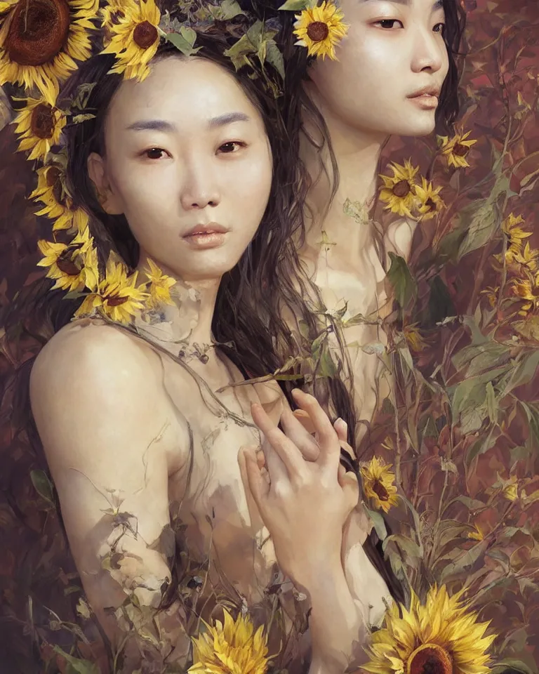 Prompt: a professional painting of the Sunflower Goddess, beautiful and wise-looking east-asian woman, olive skin, beautiful bone structure, symmetrical facial features, intricate, elegant, digital painting, concept art, smooth, sharp focus, illustration, art style by Ruan Jia and Mandy Jurgens and Artgerm and William-Adolphe Bouguerea