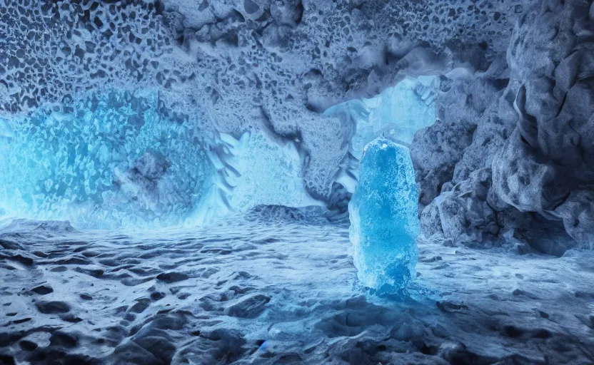 Image similar to liquid nitrogen and with blue water-cooling coolant flowing through latent representations of ice caverns by centrifugal forces, geometric patterns, trending on artstation, octane render, subsurface scattering, 4k