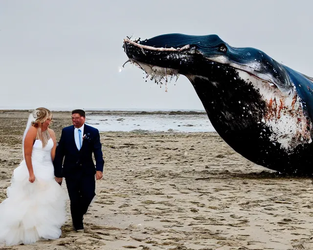 Prompt: a bride and groom walk together on a beach with a rotting dead whale, wedding photography