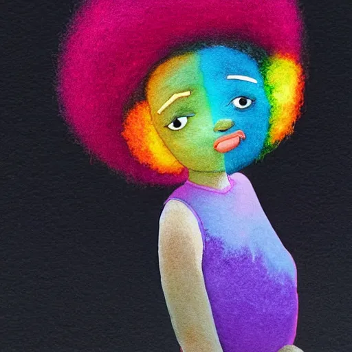 Image similar to a black girl with a colorful afro and rainbow eyes doing ballet, bright colours, bokeh!! watercolor, volumetric wool felting, macro photography, children illustration, by goro fujita