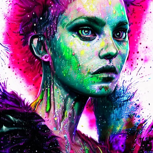 Image similar to splashes of neon galaxies, mowhawk, punk women portrait made out of paint with rain in the background, trending on artstation, epic composition, emotional, beautiful, rendered in octane, highly detailed, realistic, tim burton comic book art, sharp focus, matte painting, unreal engine